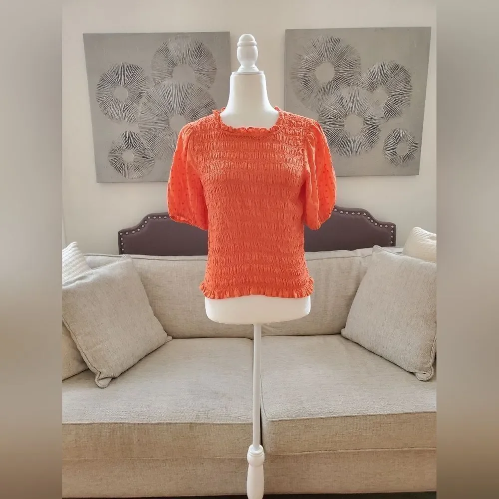 🦋 J.CREW 🦋 Puff-Sleeve Dot Textured Voile Smocked Top - [Small, Orange]